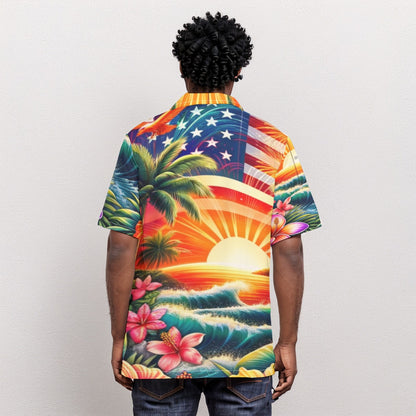 Patriotic Sunset Hawaiian Shirt – USA Flag & Tropical Beach Vibes