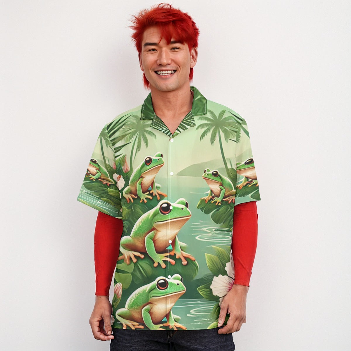 Tropical Island Frog Hawaiian Shirt – Vibrant Green Nature Style